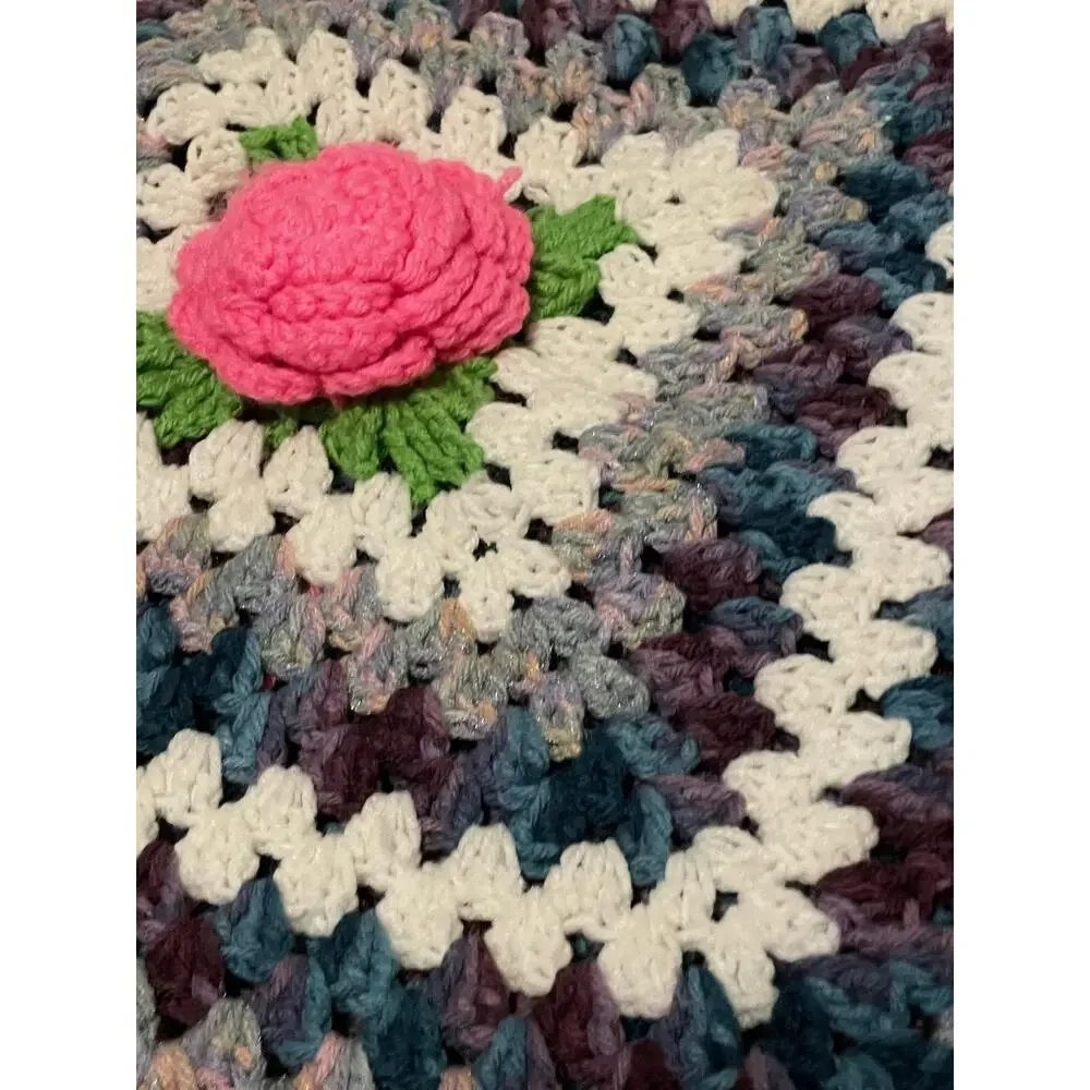 Vintage Handmade Crochet Pillowcase 3D Rose Floral Granny Square 20x20 Boho